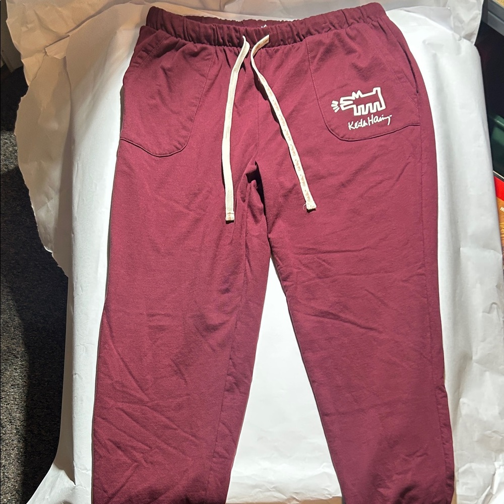 Keith Haring Maroon Joggers with Drawstring and Barking Dog Design